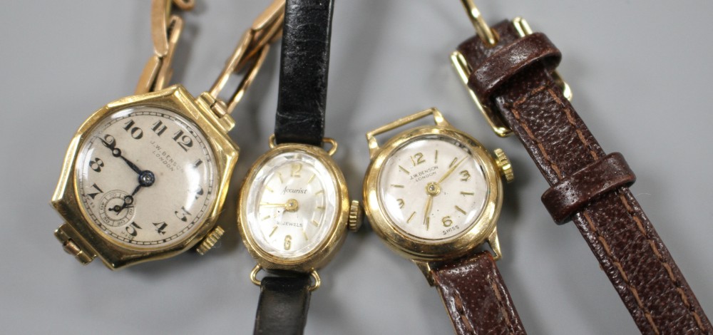 Three ladys 9ct gold manual wind wrist watches, J.W. Benson(2) and Accurist,